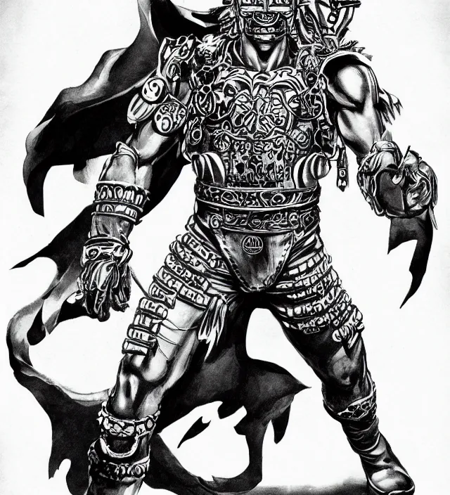 Image similar to full body pose, hd, manga anime portrait of an aztec god in combat boots and overalls, in ishikawa ken frank miller jim lee alex ross style detailed trending award winning on flickr artstation,