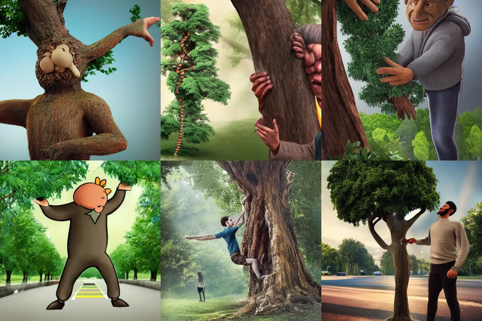 Prompt: A giant grabbing a tree from a street, to use it as an ear swab, photorealistic