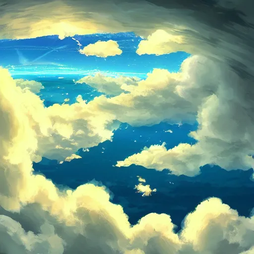 Prompt: anime clouds, sky, digital painting, trending on artstation, fisheye perspective, highly detailed