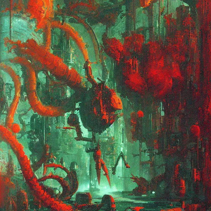 Image similar to gargantuan disappointment of flaky souls, red and green palette, by ( h. r. giger ) and paul lehr