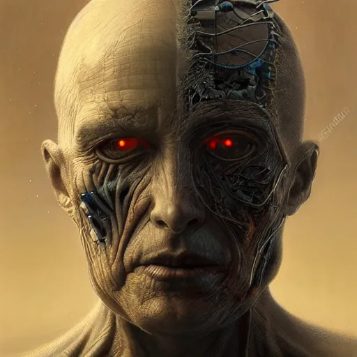 Image similar to centered front face portrait art of an ultradetailed evil neuronal cyborg, by greg rutkowski and Zdzisław Beksiński, illustration, photorealistic, 8k, intricate, futuristic, dramatic light, trending on cg society