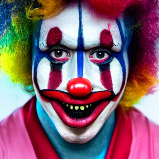 Image similar to mattia binotto, clown makeup, widelens, realistic, hdr, red clown nose, colorful wig