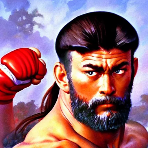 Prompt: ultra realistic portrait painting of forest gump as ryu from street fighter, art by frank frazetta, 4 k, ultra realistic, highly detailed, epic lighting