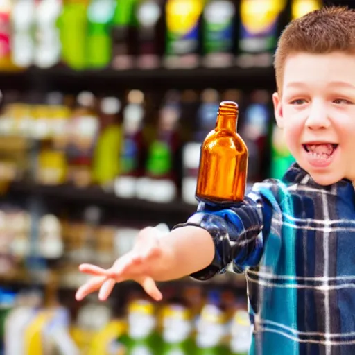 Image similar to boy hold beer bottle in the shop and the casier don't want to sell it to the kid.