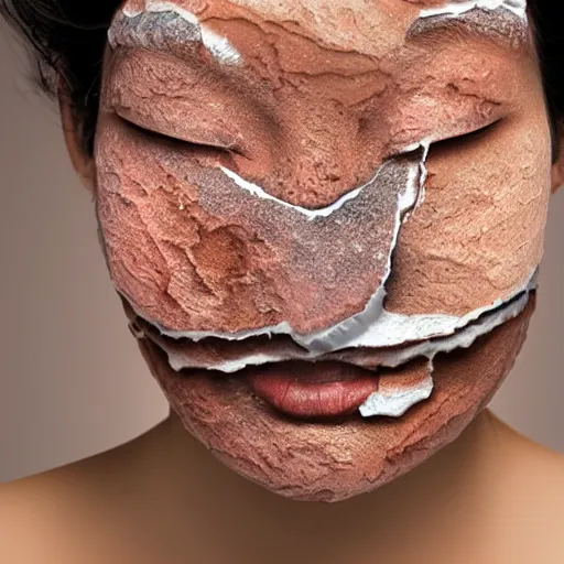 Prompt: woman's face covered with the texture of cracked and glzed ceramic