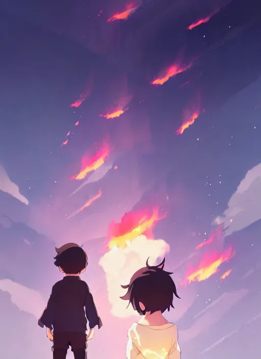 Prompt: boy and a girl in jk, standing back to back in under sky, small fire flames, illustration concept art anime key visual trending pixiv fanbox by wlop and greg rutkowski and makoto shinkai and studio ghibli