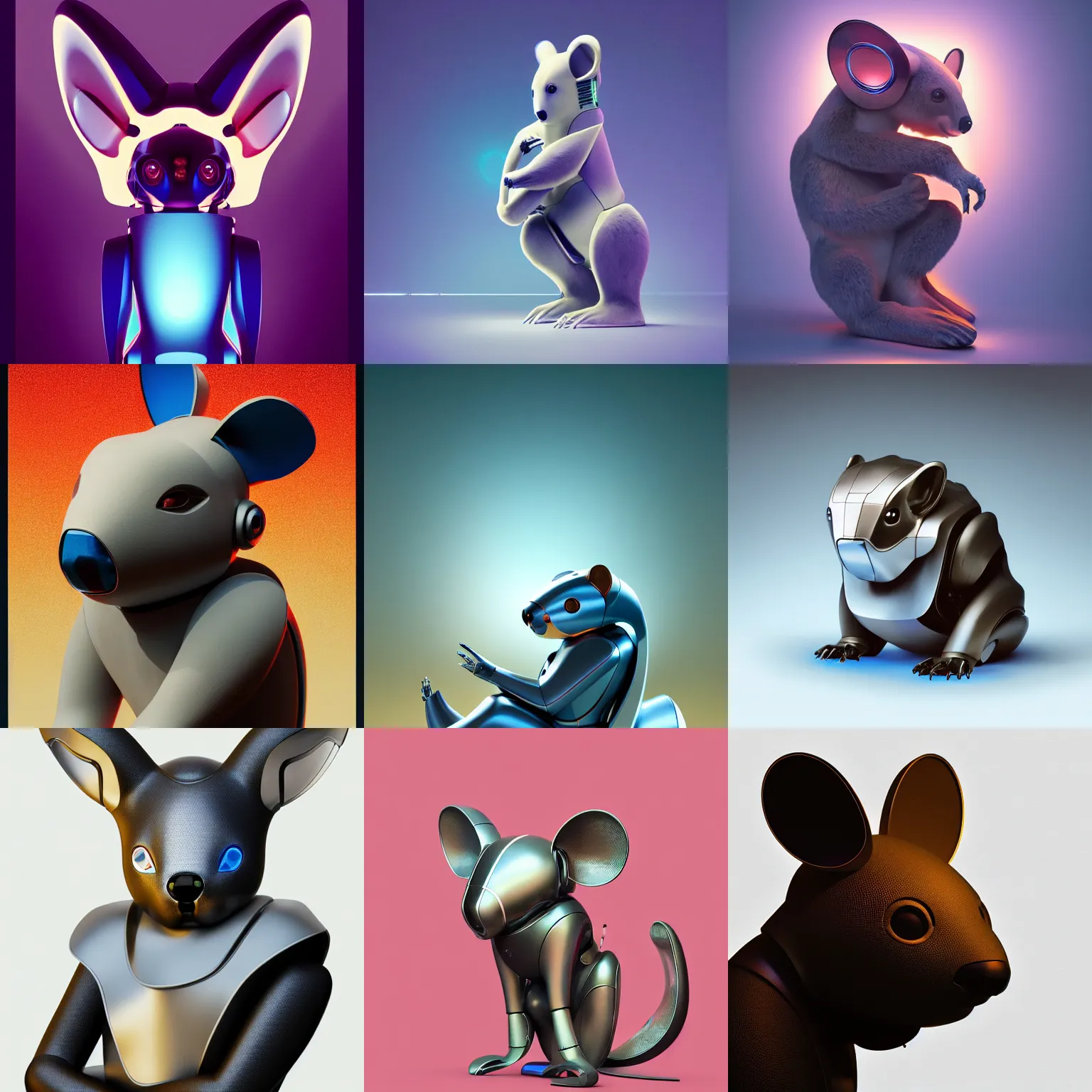 Prompt: product photo of a futuristic stylized pet robot, kindchenschema, large ears, large tail, by artgerm and greg rutkowski and marc newson and zaha hadid, behance lemanoosh, alphonse mucha, otter ( koala ) mix, side view, volumetric light, detailed, octane render, midsommar - t