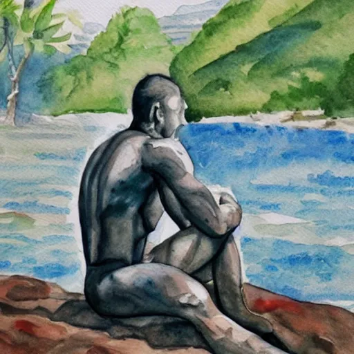 Image similar to muscular man by the river, water color painting