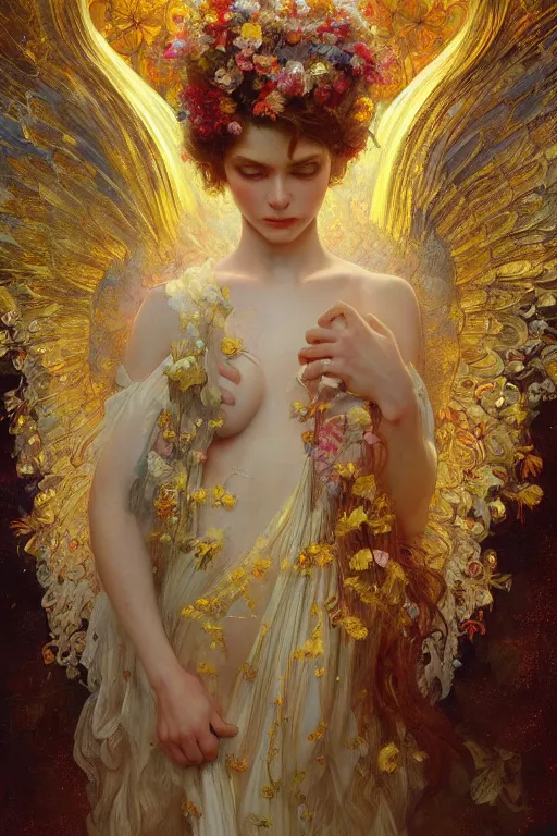 Prompt: an intricate painting of a beautifull angel with fire wings surrounded by flowing flower petals, hyper detailed, ornamental gold headpiece, octane render, vivid colors, artstation, by jeremy mann, by alphonse mucha, by boris vallejo