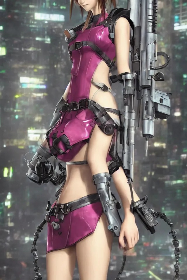 Image similar to Aerith from Final Fantasy wearing cyberpunk plugsuit