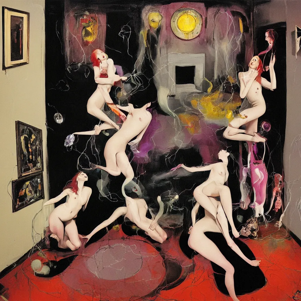 Image similar to Man and woman attached by love in a living room of a house, floating dark energy surrounds the middle of the room. There is one living room plant to the side of the room, surrounded by a background of dark cyber mystic alchemical transmutation heavenless realm, cover artwork by francis bacon and Jenny seville, midnight hour, part by adrian ghenie, part by jeffrey smith, part by josan gonzales, part by norman rockwell, part by phil hale, part by kim dorland, palette knife texture, paint drip, muted cold colors, artstation, highly detailed