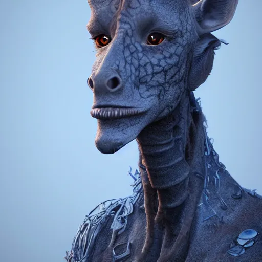 Image similar to a highly detailed portrait of a humanoid giraffe in a blue cloak, adventurer, artstation, deviantart, professional, unreal engine 5, octane render