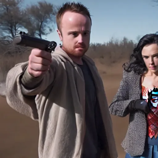 Prompt: Jesse Pinkman holding wonder woman hostage with a gun