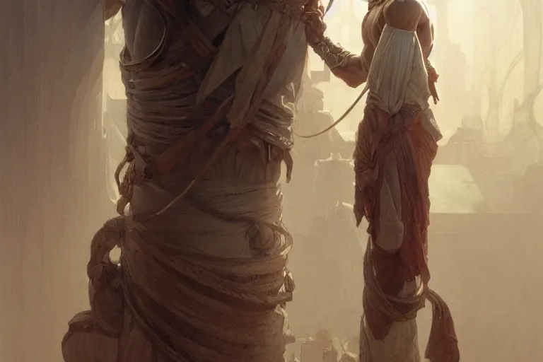 Image similar to a man tied to a column, highly detailed, digital painting, artstation, concept art, smooth, sharp focus, illustration, cinematic lighting, art by artgerm and greg rutkowski and alphonse mucha