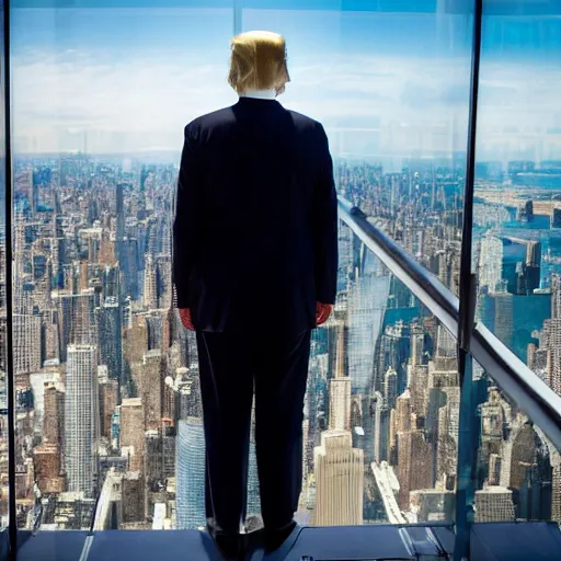 Image similar to trump in the top of world trade center ready to give a speech, ny, cinematic, photography