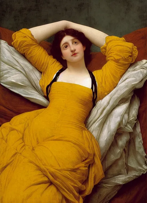 Image similar to portrait of lady reclining on bed wearing yellow ochre ornate medieval dress, foreshortening, colour photography by frederic leighton, william morris, 8 k