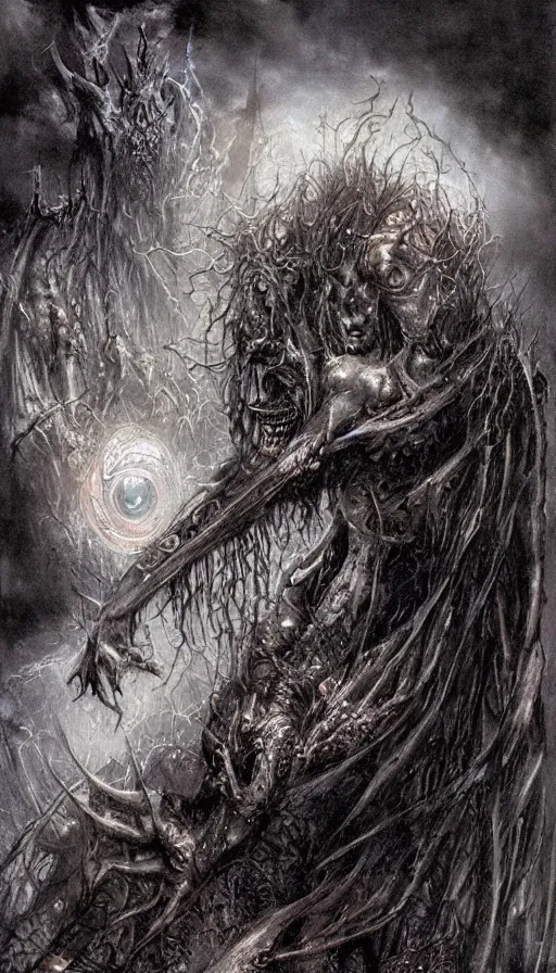 Prompt: a storm vortex made of many demonic eyes and teeth, by luis royo,