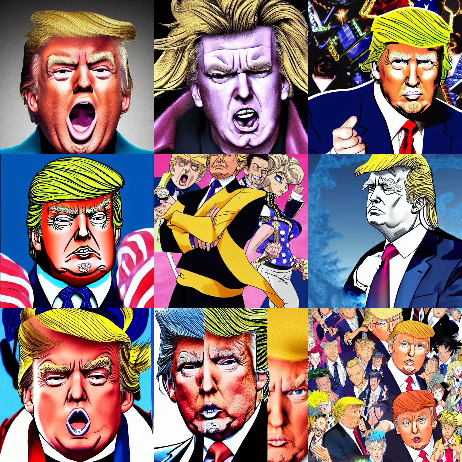 Prompt: portrait donald trump in the style of jojo's bizarre adventure anime highly detailed, by hirohiko araki, 8 k