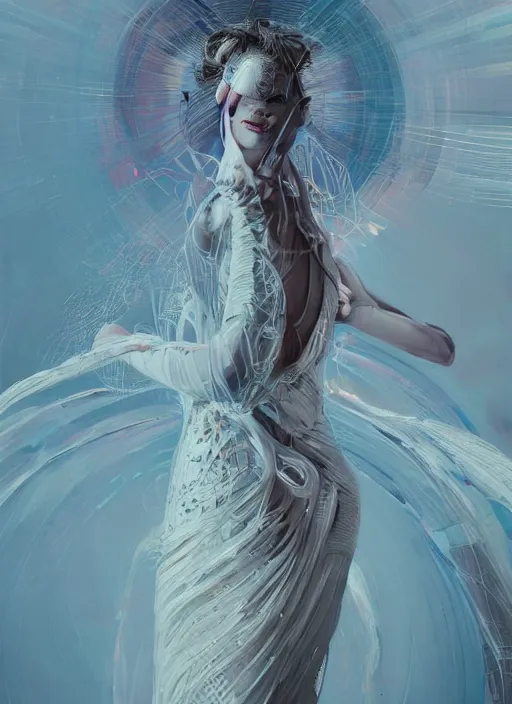 Image similar to portrait of a dancer in a long flowing gown. intricate abstract. intricate artwork. by tooth wu, wlop, beeple, dan mumford. trending on artstation, greg rutkowski very coherent symmetrical artwork. cinematic, hyper realism, high detail, octane render, 8 k, iridescent accents