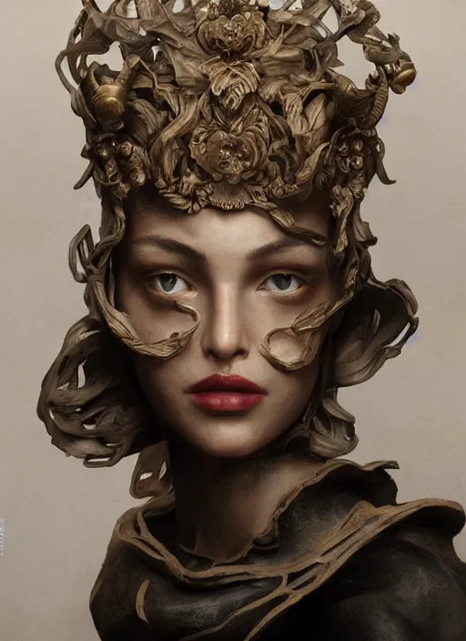 Image similar to sculpture made of wood, portrait, female, future, harper's bazaar, vogue, magazine, intricate, concept art, close up, ornate, luxury, elite, elegant, trending on artstation, by ruan jia, by Kenneth Willardt, by ross tran, by WLOP, by Andrei Riabovitchev,