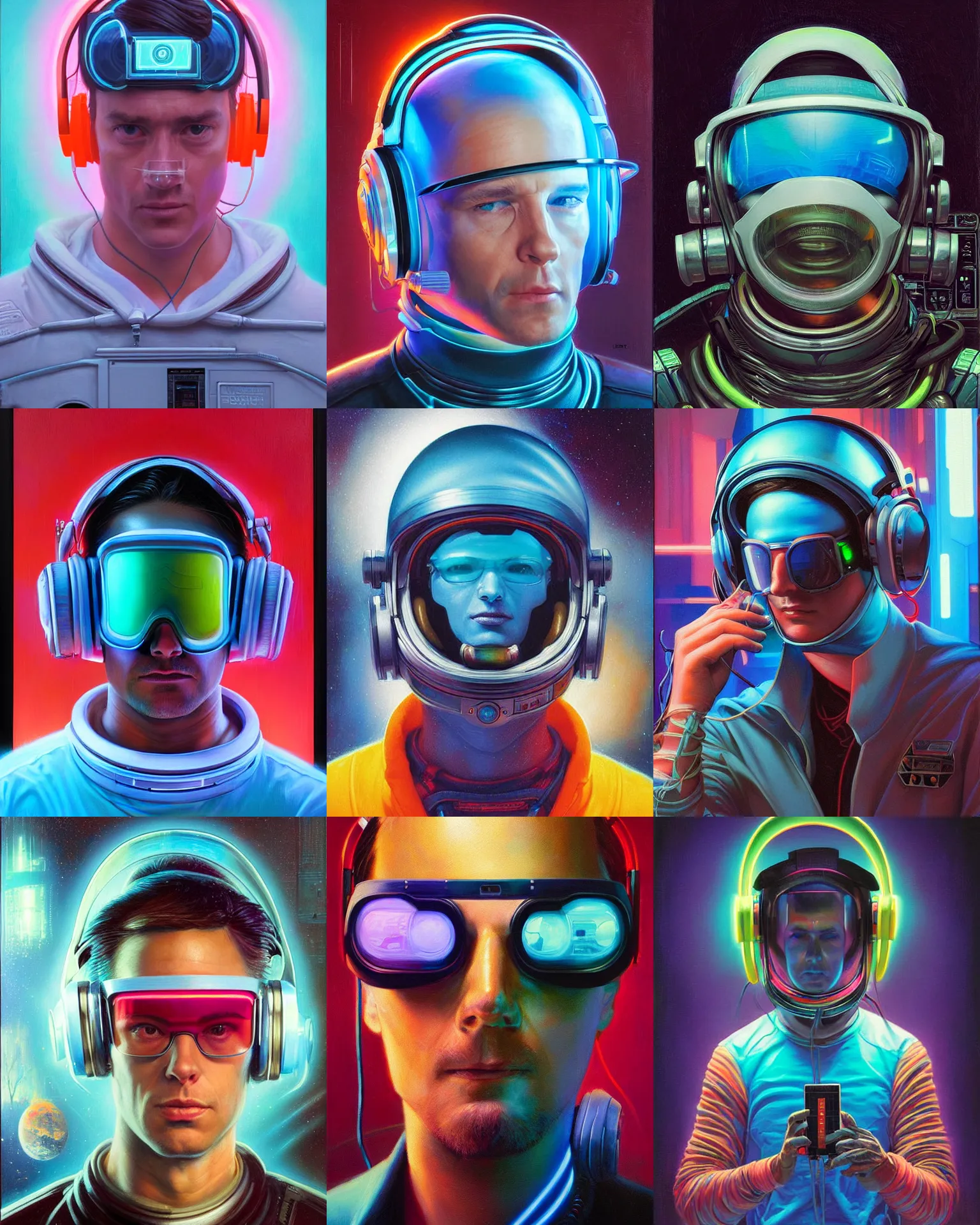 Prompt: neon cyberpunk programmer with thin cyan visor over eyes and sleek headphones headshot desaturated portrait painting by donato giancola, dean cornwall, rhads, tom whalen, alex grey astronaut fashion photography