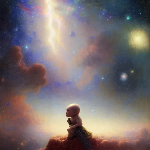 Image similar to a lonley and gloomy baby in middle of space surrounded by colorful stars planets and galaxies, high detail, by gaston bussiere, bayard wu, greg rutkowski, odd nerdrum, maxim verehin, dan dos santos, masterpiece, sharp focus, cinematic lightning