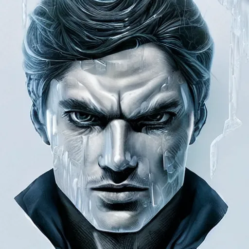 Image similar to man portrait made out of ice, beautiful, cyborg, comic book art, highly detailed