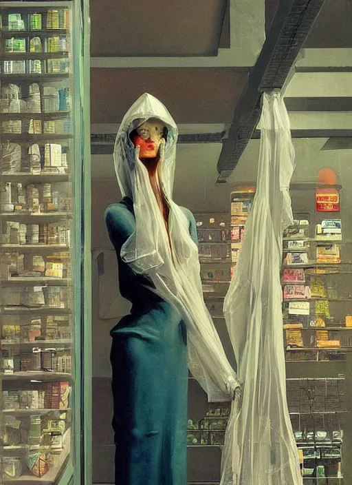 Image similar to beautiful cyberpunk woman in a translucent clothing made from plastic bag with paper bags for clothes standing inside paper bags with paper bag over the head at store display Edward Hopper and James Gilleard, Zdzislaw Beksinski, highly detailed