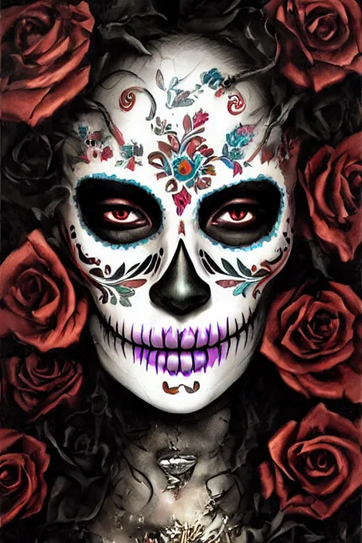 Image similar to illustration of a sugar skull day of the dead girl, art by aleksi briclot