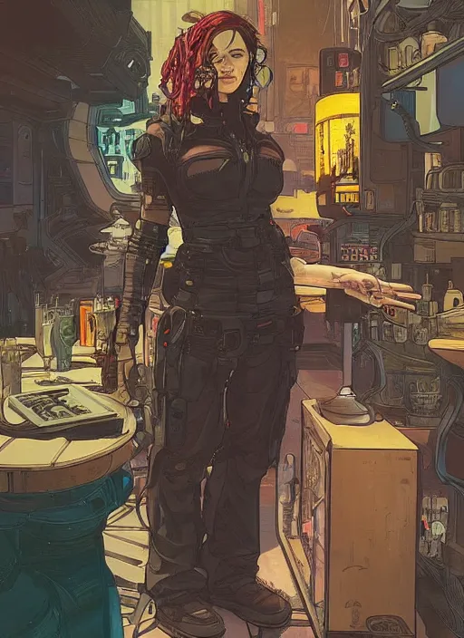 Image similar to cyberpunk bartender. portrait by ashley wood and alphonse mucha and laurie greasley and josan gonzalez and james gurney. spliner cell, apex legends, rb 6 s, hl 2, d & d, cyberpunk 2 0 7 7. realistic face. vivid color. dystopian setting.