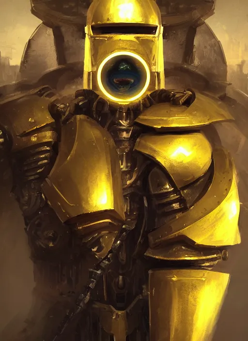 Image similar to full body, dynamic attack position abstract portrait of a intricate glorious holy mechanical warforged character in yellow armor holding a paladin engraved great longsword drawn and carrying a big paladin shield, glowing eye, face in focus, pit droid, epic , trending on ArtStation, masterpiece, cinematic lighting, by Ross Tran and by Greg Rutkowski