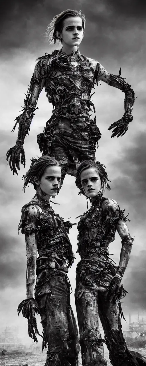 Image similar to Emma Watson fractal armour twinned conjoined sisters action poses dishevelled photorealistic portrait grimy sweating wet face dirty t-shirt and torn jeans in broken biomechanical fractal armour abandoned exploding sci-fi gas station, dark and dim atmospheric smog trending on artstation 8k matte painting, dramatic lighting, dramatic shadows professional photograph by Lee Miller