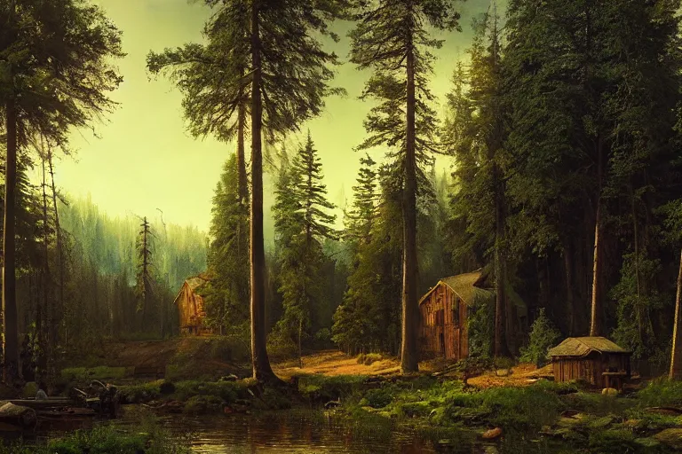 Image similar to A beautiful painting of russian village in dark forest by ivan shishkin and arkhip kuindji, trending on artstation,matte painting