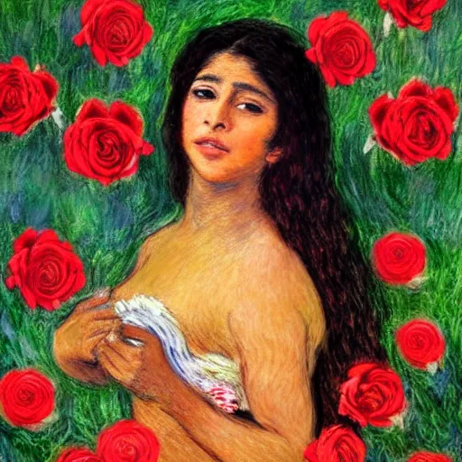 Prompt: beautiful tan mexican woman, full body, dancing in a field of roses and many other exotic flowers, prominent rosy cheek bones, black hair and brown eyes, monet and da vinci art style,