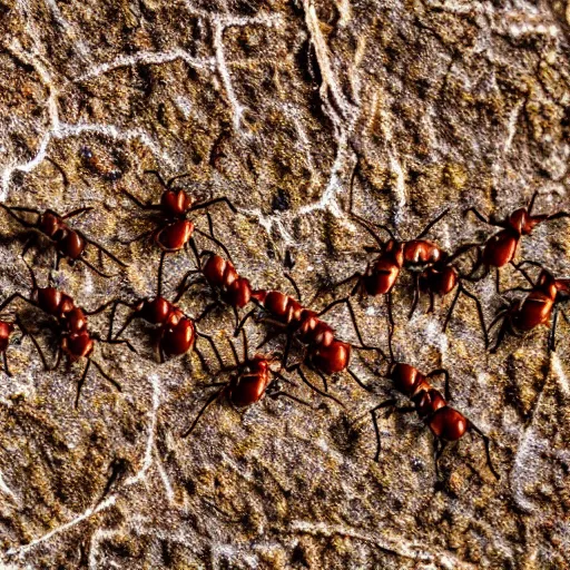 Prompt: macro photo of ants herding their tiny elephants