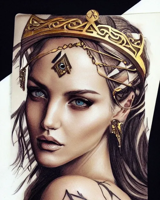 Image similar to tattoo design sketch of hot blonde super model as aphrodite greek goddess wearing a gold laurel wreath and triangle earrings, beautiful piercing gaze with sharp pupils, in the style of greg rutkowski, fantasy, amazing detail, epic, elegant, smooth, sharp focus, front view