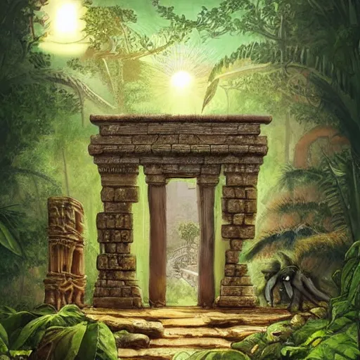 Prompt: ancient jungle temple with a portal to another dimension pulp art