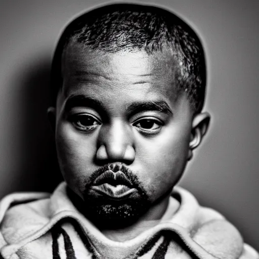 Prompt: Portrait studio photograph of Kanye West holding a anthropomorphic teddy bear, close up, shallow depth of field, in the style of Felice Beato, Noir film still, 40mm