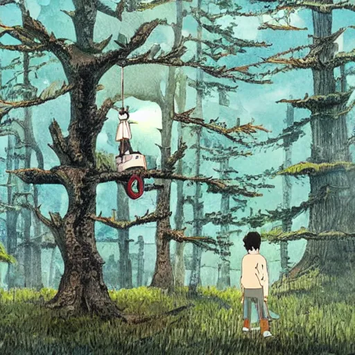 Image similar to laputa castle in the sky robot hayao miyazaki stands in a small clearing among trees, watercolor illustration for a book