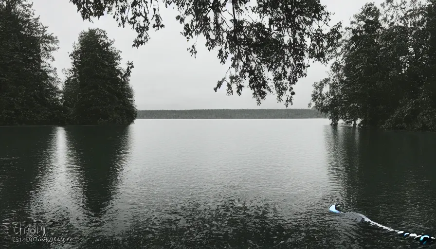 Image similar to photograph of an infinitely long rope on the surface of the water, the rope is zig zagging from the foreground towards the center of the lake, a dark lake on a cloudy day, trees in the background, moody scene, anamorphic lens, kodak color film stock