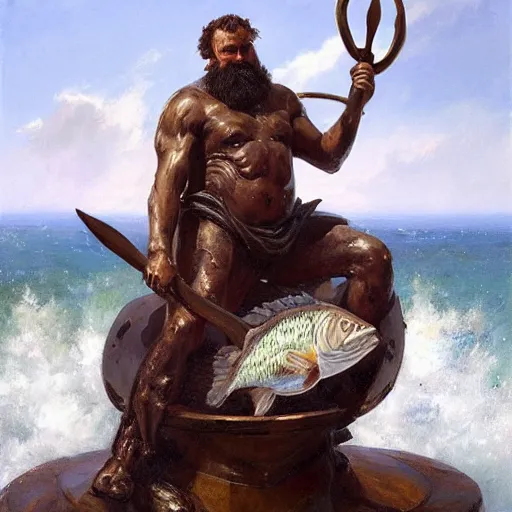 Image similar to by michael malm stormy. a sculpture of a mythological scene. large, bearded man seated on a throne, surrounded by sea creatures. he has a trident in one hand & a shield in the other. behind him is a large fish. in front of him are two smaller creatures.