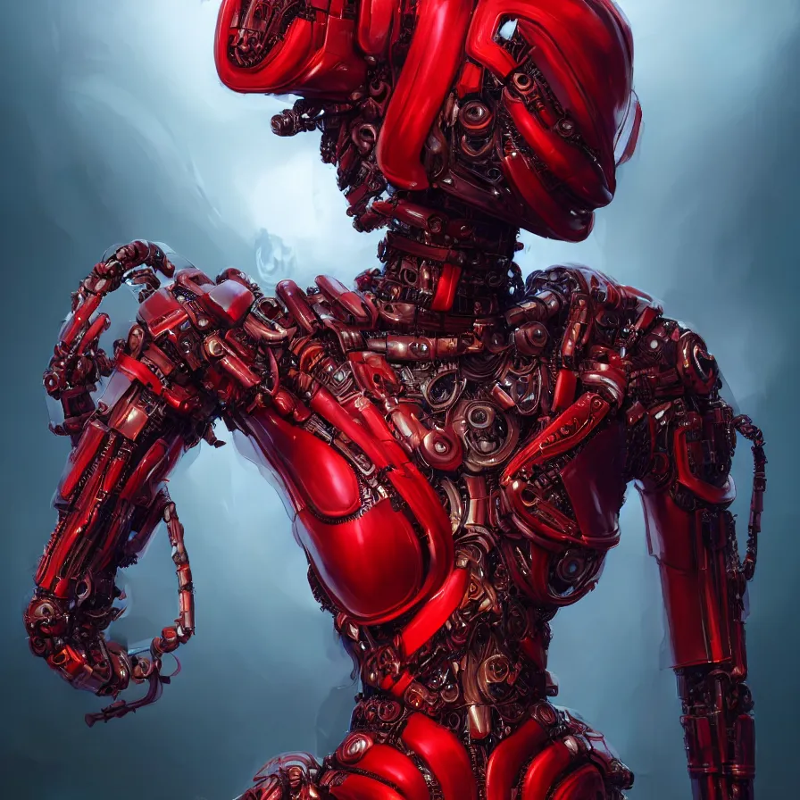 Image similar to portrait, super hero pose, red biomechanical dress, inflateble shapes, wearing epic bionic cyborg implants, masterpiece, intricate, biopunk futuristic wardrobe, highly detailed, art by akira, mike mignola, artstation, concept art, background galaxy, cyberpunk, octane render