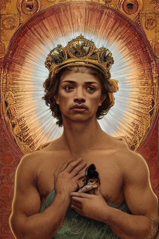 Image similar to God had dog Chihuahua's head, a radiant halo and crown, detailed face, gorgeous, very muscular male body, partial anatomy, stormy background, delicate and intricate borders for decoration, caesar victorious, proud Emperor, character close-up, intricate, highly detailed, 8K, digital painting, fantasy, concept art, sharp focus, art by alphonse mucha