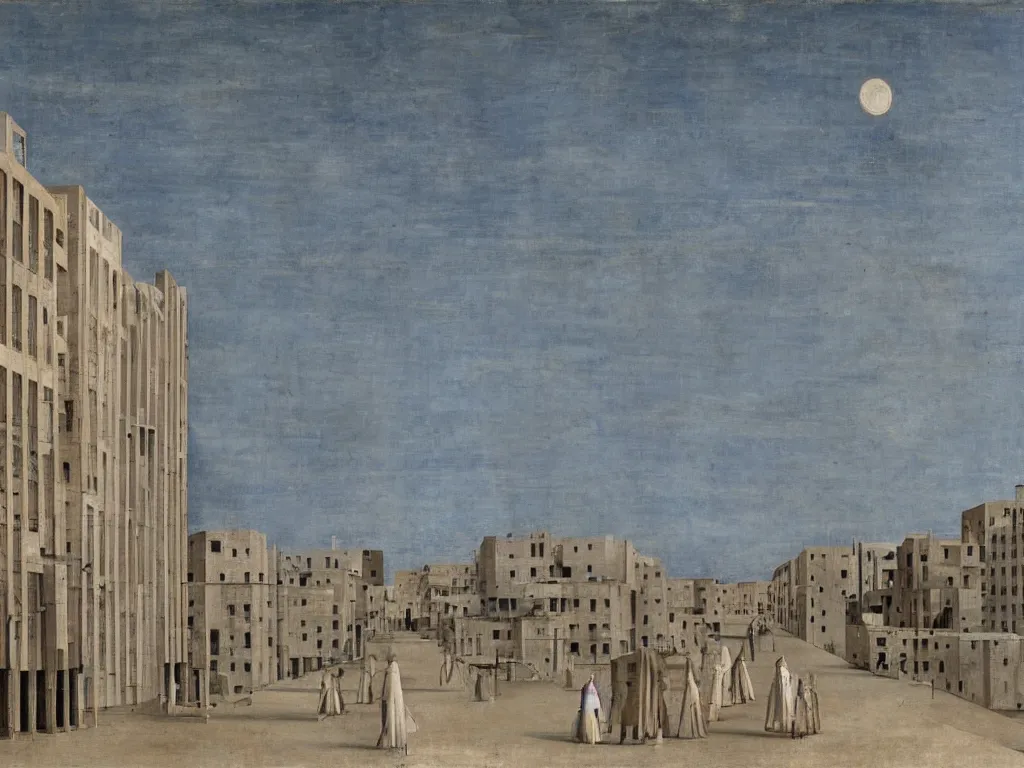 Prompt: Streets of a deserted, brutalist city that now fill with dust, sand, smoke. Dark blue sky, dried thujas. Painting by Piero della Francesca, Morandi, Yves Tanguy