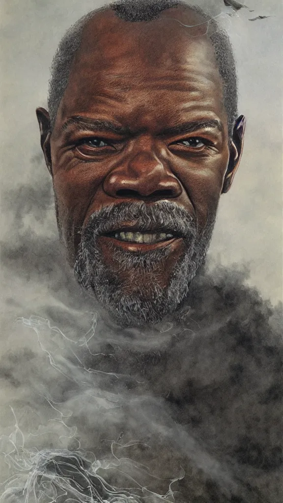 Image similar to portrait of samuel jackson, by alan lee, intricate, smoke trails, lord of the rings calendar, smooth, detailed terrain, oil painting