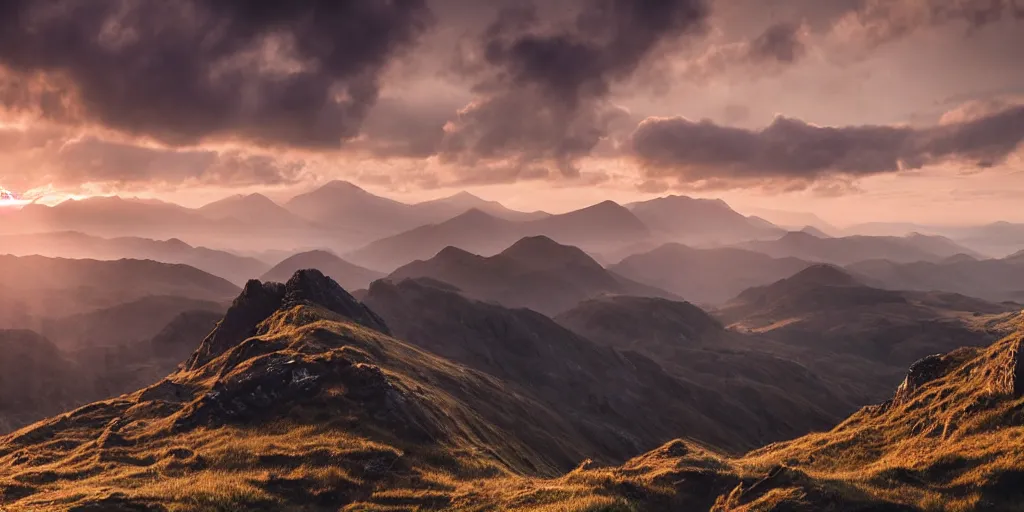 Image similar to Crib Goch!!!!!!!!!!! ridge, rays, epic, cinematic, photograph, atmospheric, dawn, golden hour, sunrise, sky, clouds, lake, arthouse cinema, Sofia Coppola, soft focus