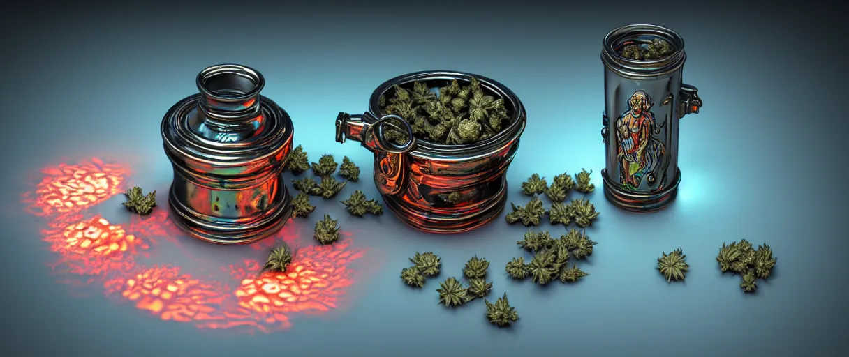 Image similar to hyperrealist highly detailed english medieval portrait of bong ashtray bic lighter small pack of weed marijuana baggy. burning water, radiating atomic neon corals, veiny network growth with ghostly ghost translucent ghost armor, concept art pascal blanche dramatic studio lighting 8k wide angle shallow depth of field, depth of field, bokeh. iridescent accents, octane render, houdini render, bokeh