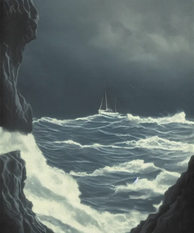 Image similar to photorealistic blue - toned photo of a 1 9 2 5 bay boat sailing near a jamaican cliff with the mouth of a sea cave at the waterline, dark, brooding, atmospheric, lovecraft, horror, smooth, epic, highly detailed, cinematic, by clyde caldwell