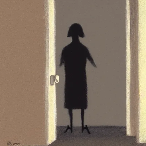 Image similar to a pastel painting of a silhouette person standing at the door of a dark room