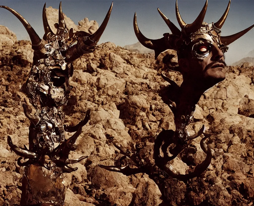 Image similar to portrait of salvador dali wearing a horned crown and costume with jewels in a dry rocky desert landscape, alien spaceship by giger, film still from the movie by alejandro jodorowsky with cinematogrophy of christopher doyle and art direction by hans giger, anamorphic lens, kodakchrome, very detailed photo, 8 k